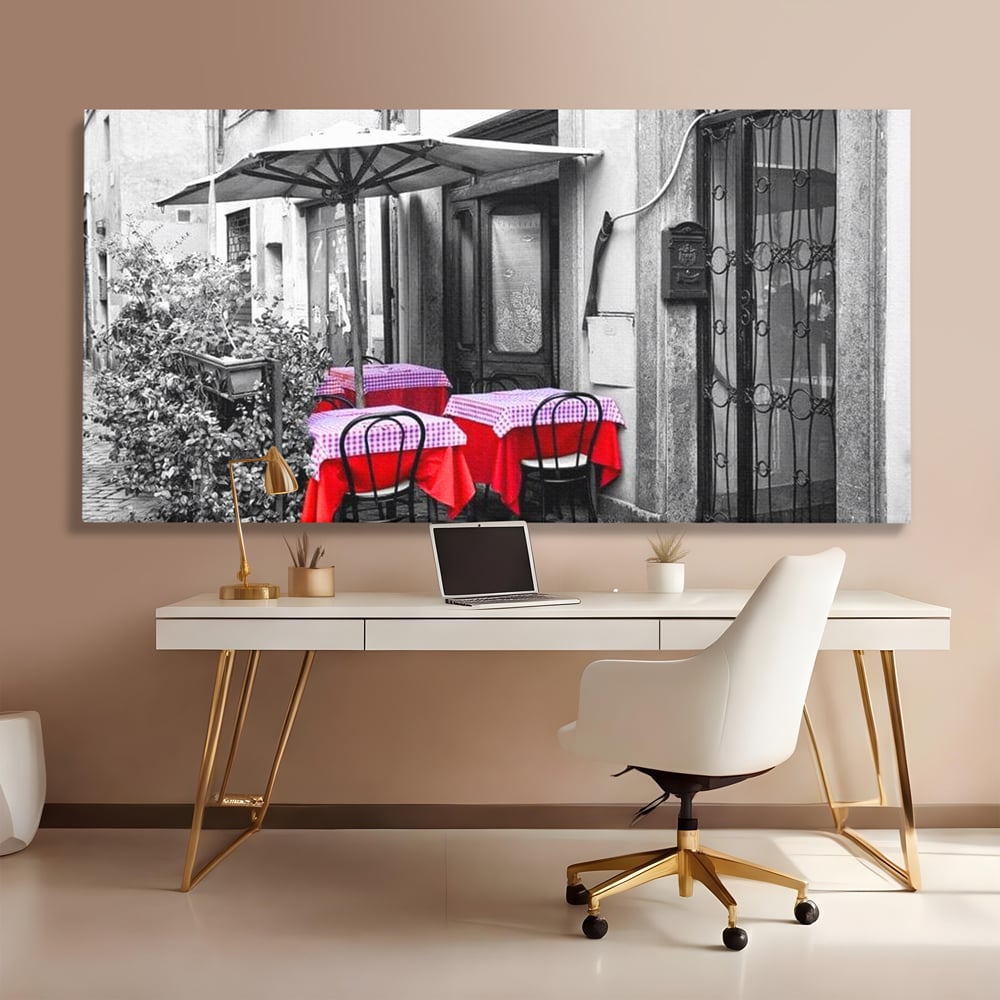 Tablou canvas cu cafenea stradala vintage alb negru cu pete de rosu, fara rama, pe sasiu de lemn, pe perete intr-un birou